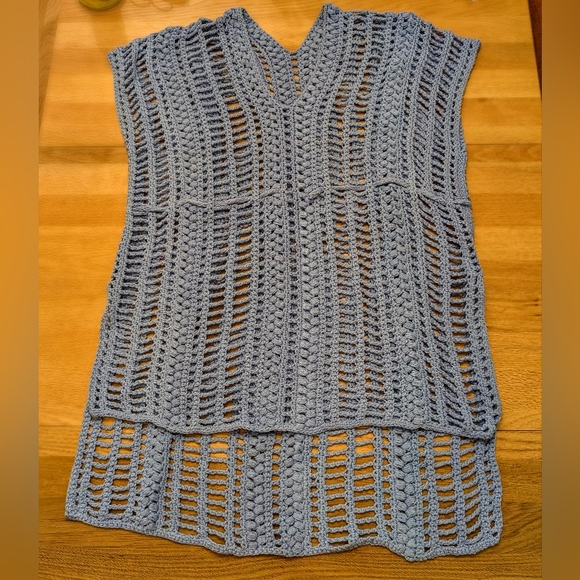 Hand Crafted Blue Cotton Crochet Beach Swimwear Coverup, Size M/L - Picture 5 of 6